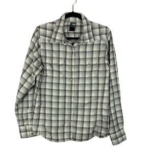The North Face Cabincore Casual Plaid Long Sleeve Snap Front Shirt Large Grey